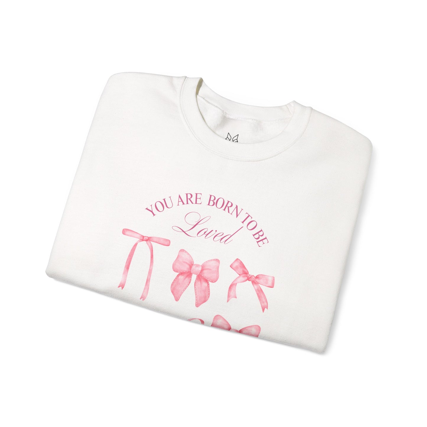 Pink Bow Crewneck Sweatshirt – “You Are Born to Be Loved” Graphic Pullover, Cozy Gift for Her, Birthday & Casual Wear - Wolf Aura Co