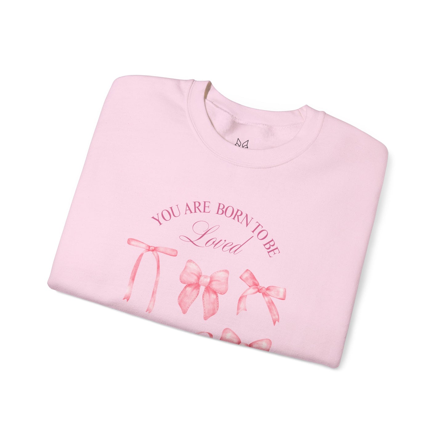Pink Bow Crewneck Sweatshirt – “You Are Born to Be Loved” Graphic Pullover, Cozy Gift for Her, Birthday & Casual Wear - Wolf Aura Co