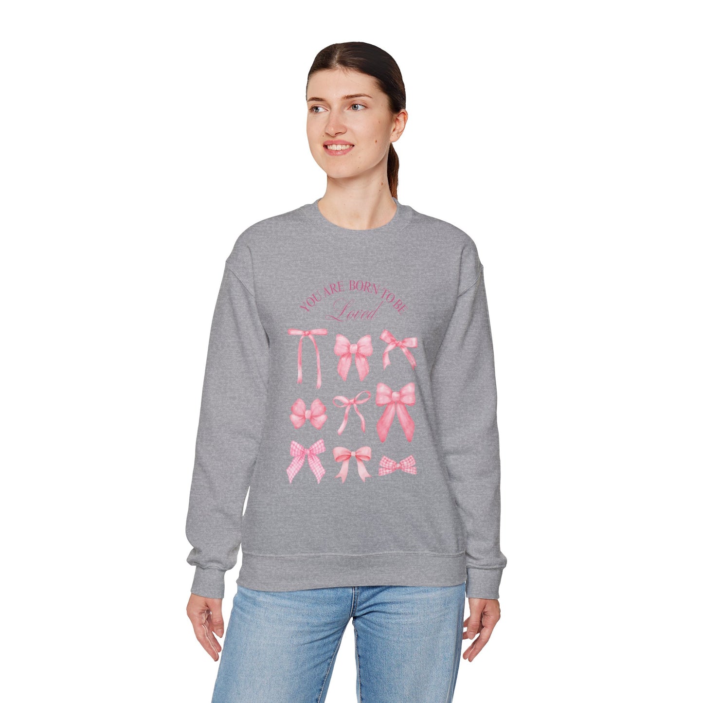 Pink Bow Crewneck Sweatshirt – “You Are Born to Be Loved” Graphic Pullover, Cozy Gift for Her, Birthday & Casual Wear - Wolf Aura Co
