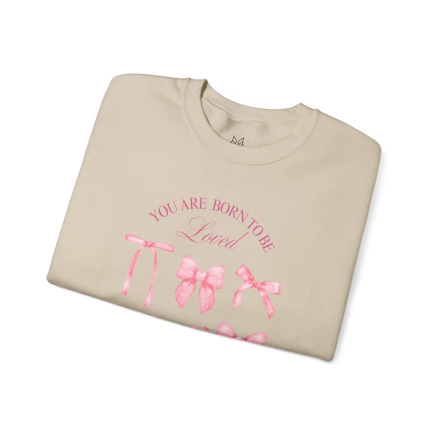 Pink Bow Crewneck Sweatshirt – “You Are Born to Be Loved” Graphic Pullover, Cozy Gift for Her, Birthday & Casual Wear - Wolf Aura Co