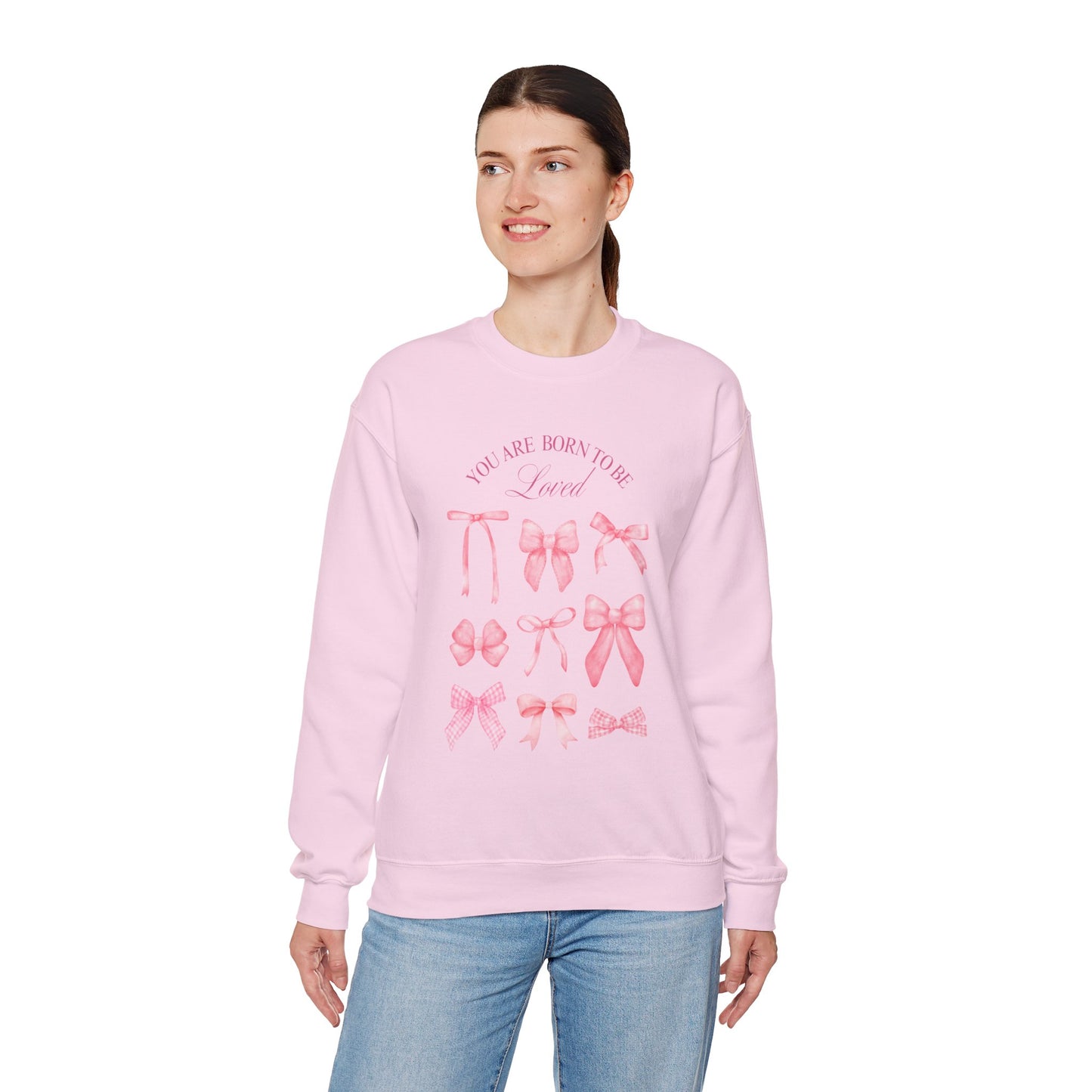 Pink Bow Crewneck Sweatshirt – “You Are Born to Be Loved” Graphic Pullover, Cozy Gift for Her, Birthday & Casual Wear - Wolf Aura Co