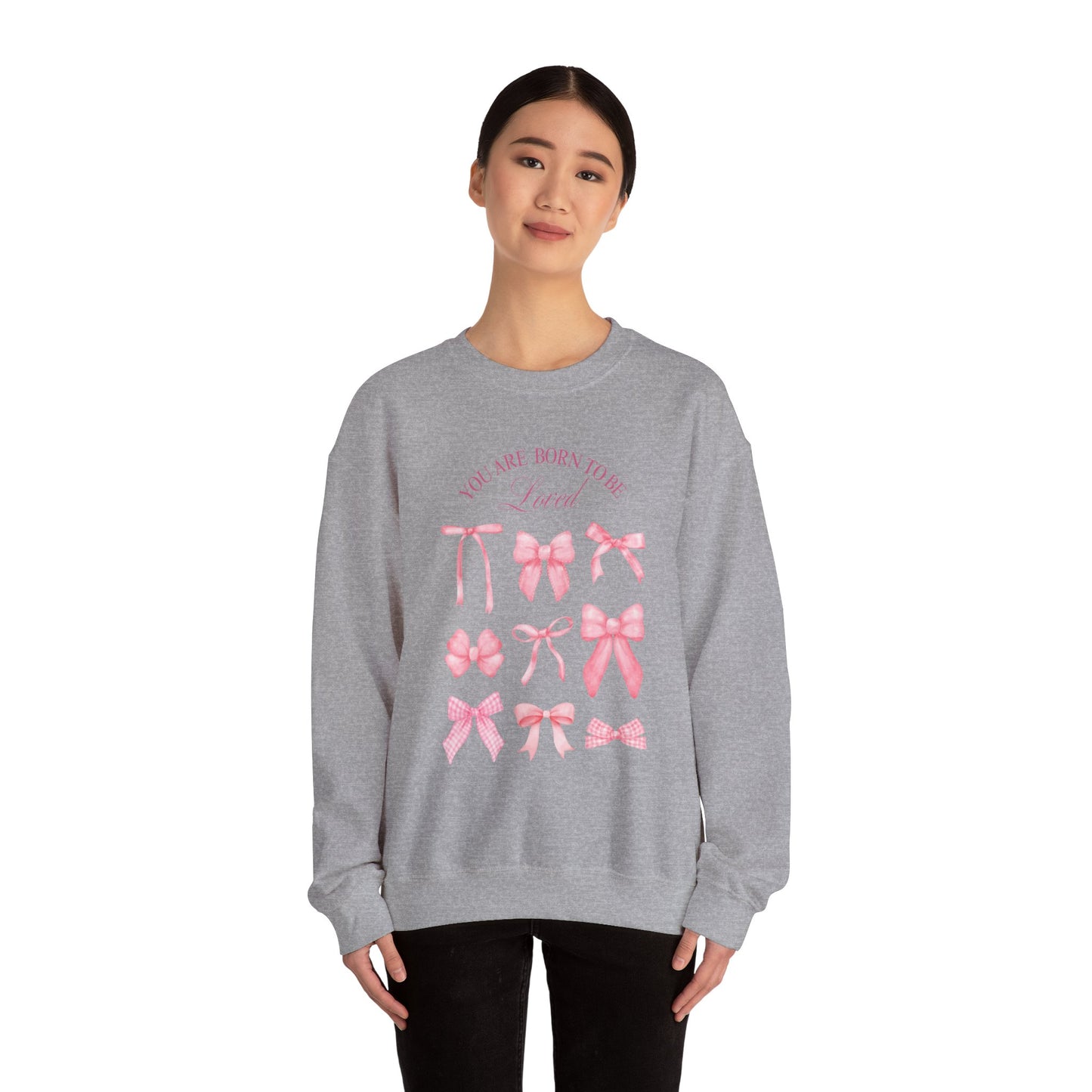 Pink Bow Crewneck Sweatshirt – “You Are Born to Be Loved” Graphic Pullover, Cozy Gift for Her, Birthday & Casual Wear - Wolf Aura Co