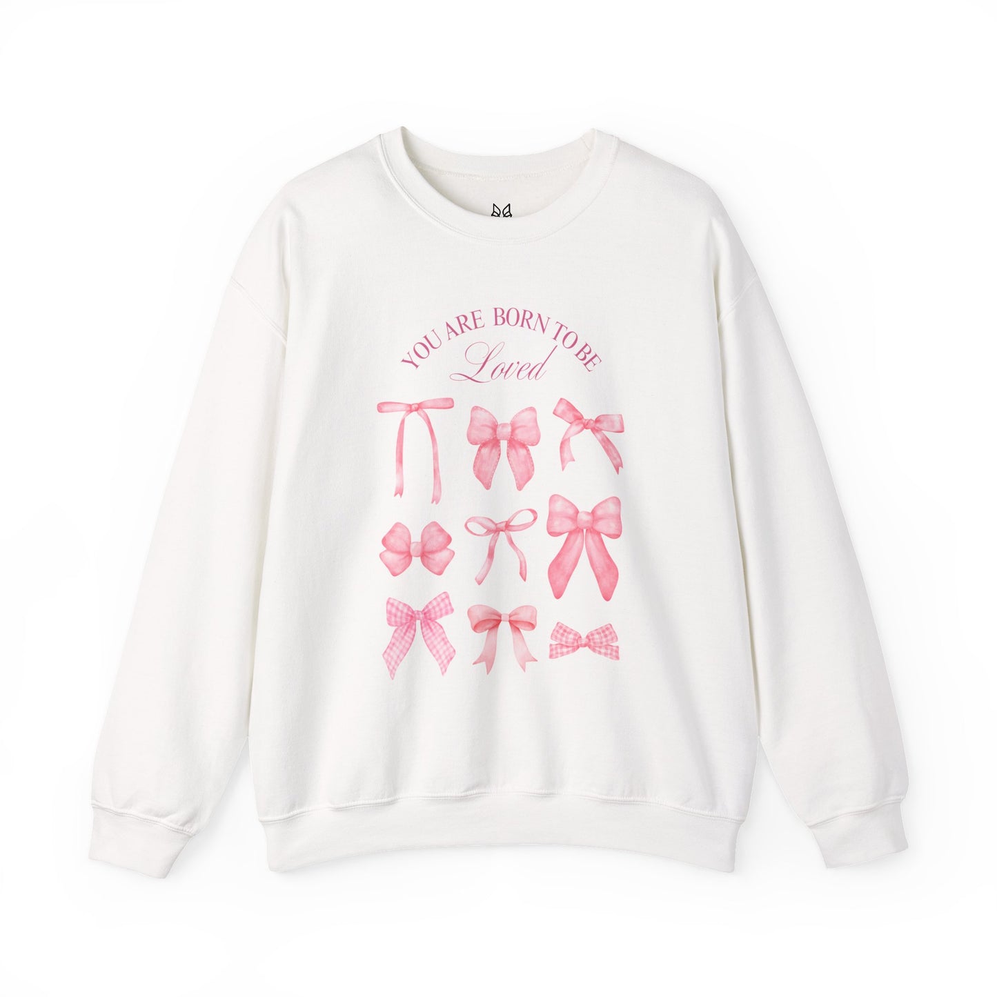 Pink Bow Crewneck Sweatshirt – “You Are Born to Be Loved” Graphic Pullover, Cozy Gift for Her, Birthday & Casual Wear - Wolf Aura Co