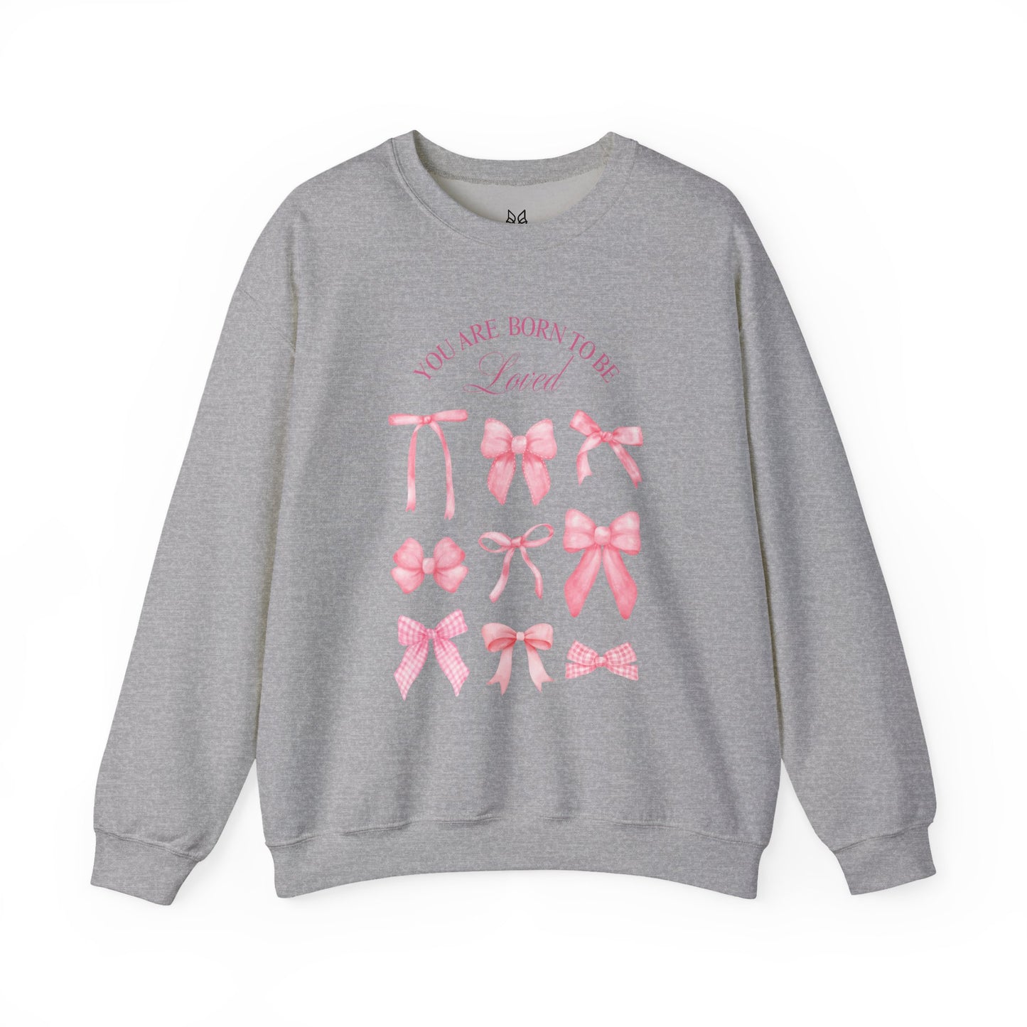 Pink Bow Crewneck Sweatshirt – “You Are Born to Be Loved” Graphic Pullover, Cozy Gift for Her, Birthday & Casual Wear - Wolf Aura Co