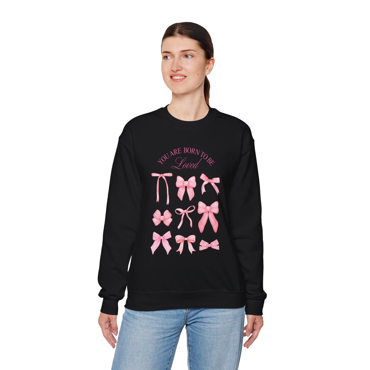 Pink Bow Crewneck Sweatshirt – “You Are Born to Be Loved” Graphic Pullover, Cozy Gift for Her, Birthday & Casual Wear - Wolf Aura Co