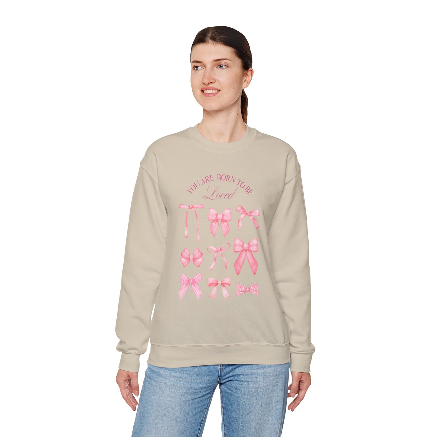 Pink Bow Crewneck Sweatshirt – “You Are Born to Be Loved” Graphic Pullover, Cozy Gift for Her, Birthday & Casual Wear - Wolf Aura Co