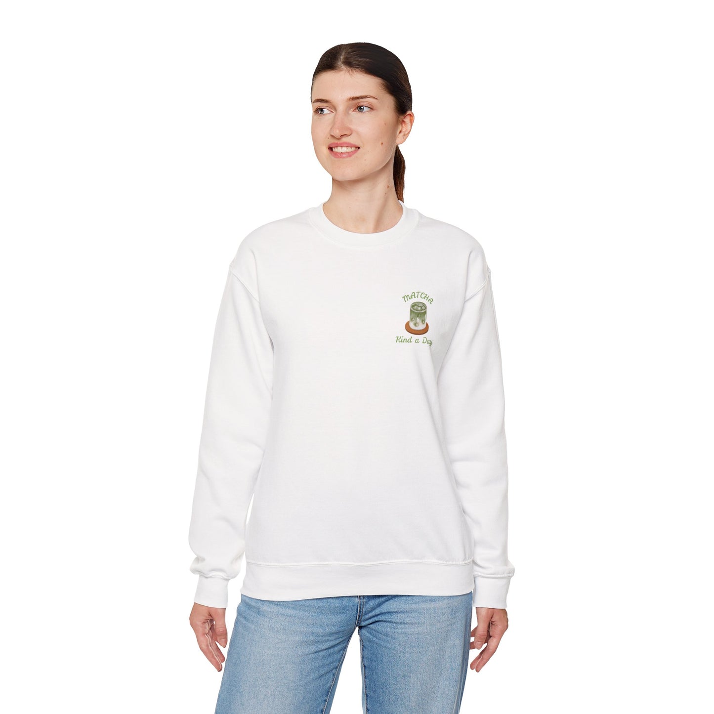 Matcha Kind a Day Crewneck Sweatshirt – Cozy Graphic Pullover, Positive Vibes Apparel, Gift for Her - Wolf Aura Co