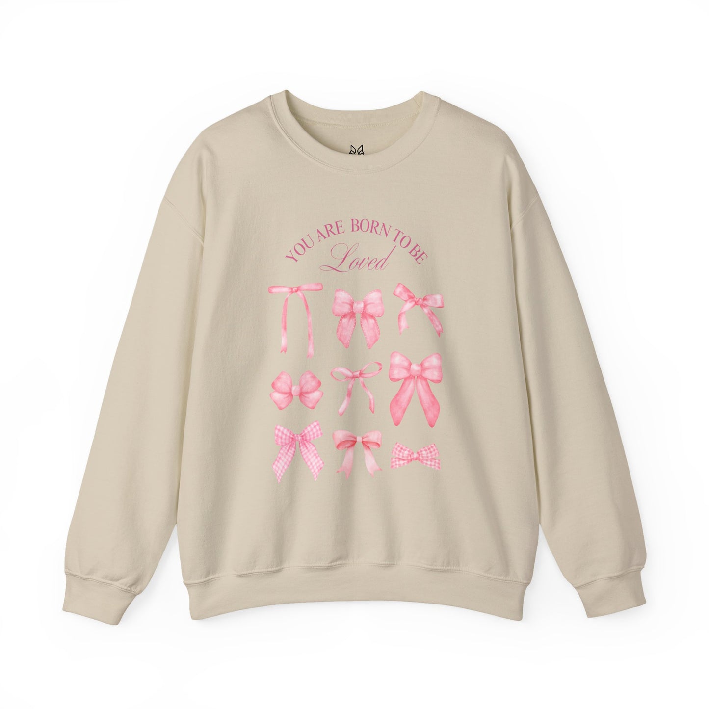 Pink Bow Crewneck Sweatshirt – “You Are Born to Be Loved” Graphic Pullover, Cozy Gift for Her, Birthday & Casual Wear - Wolf Aura Co