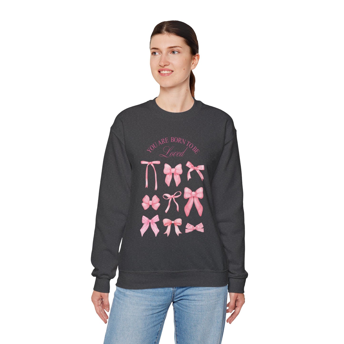 Pink Bow Crewneck Sweatshirt – “You Are Born to Be Loved” Graphic Pullover, Cozy Gift for Her, Birthday & Casual Wear - Wolf Aura Co