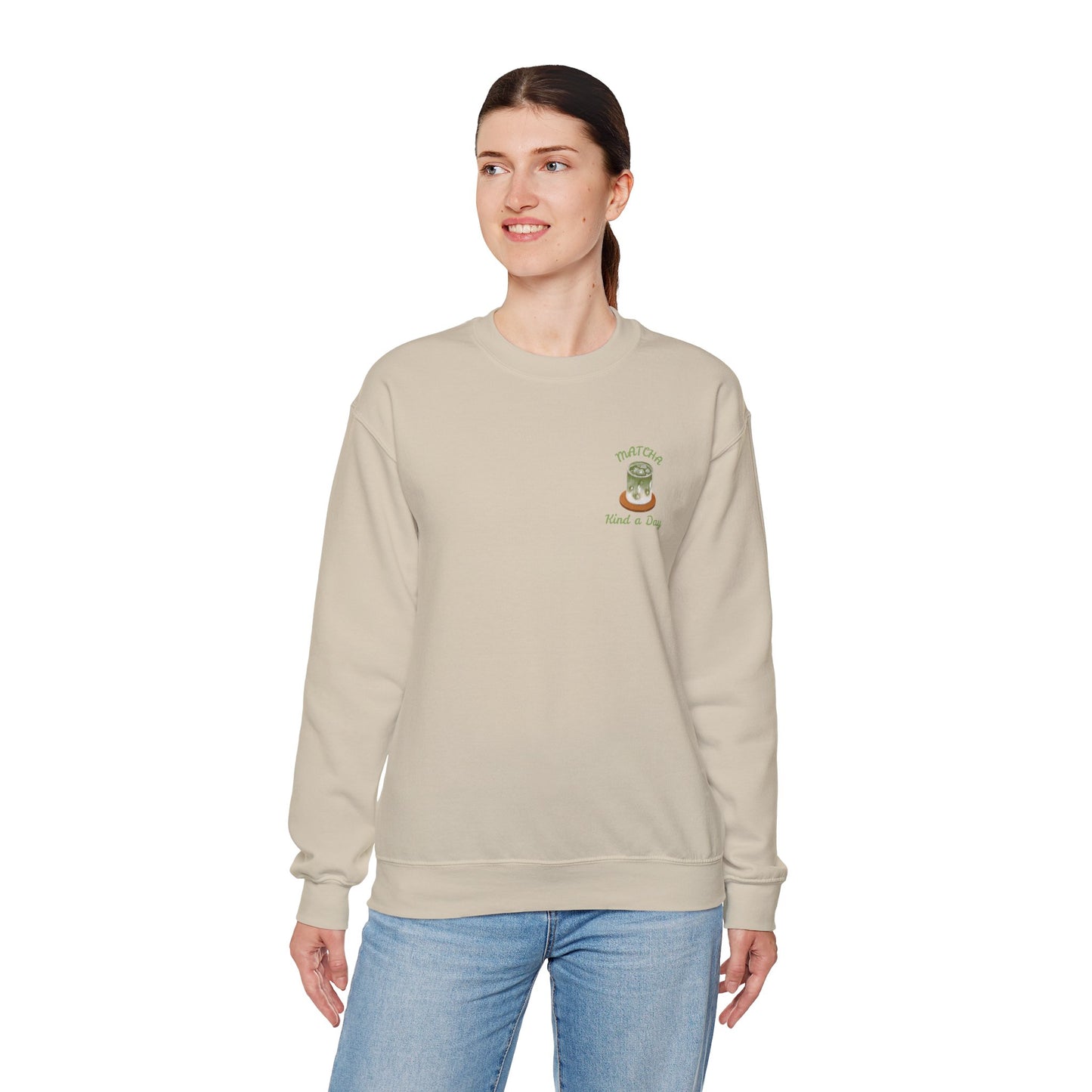 Matcha Kind a Day Crewneck Sweatshirt – Cozy Graphic Pullover, Positive Vibes Apparel, Gift for Her - Wolf Aura Co