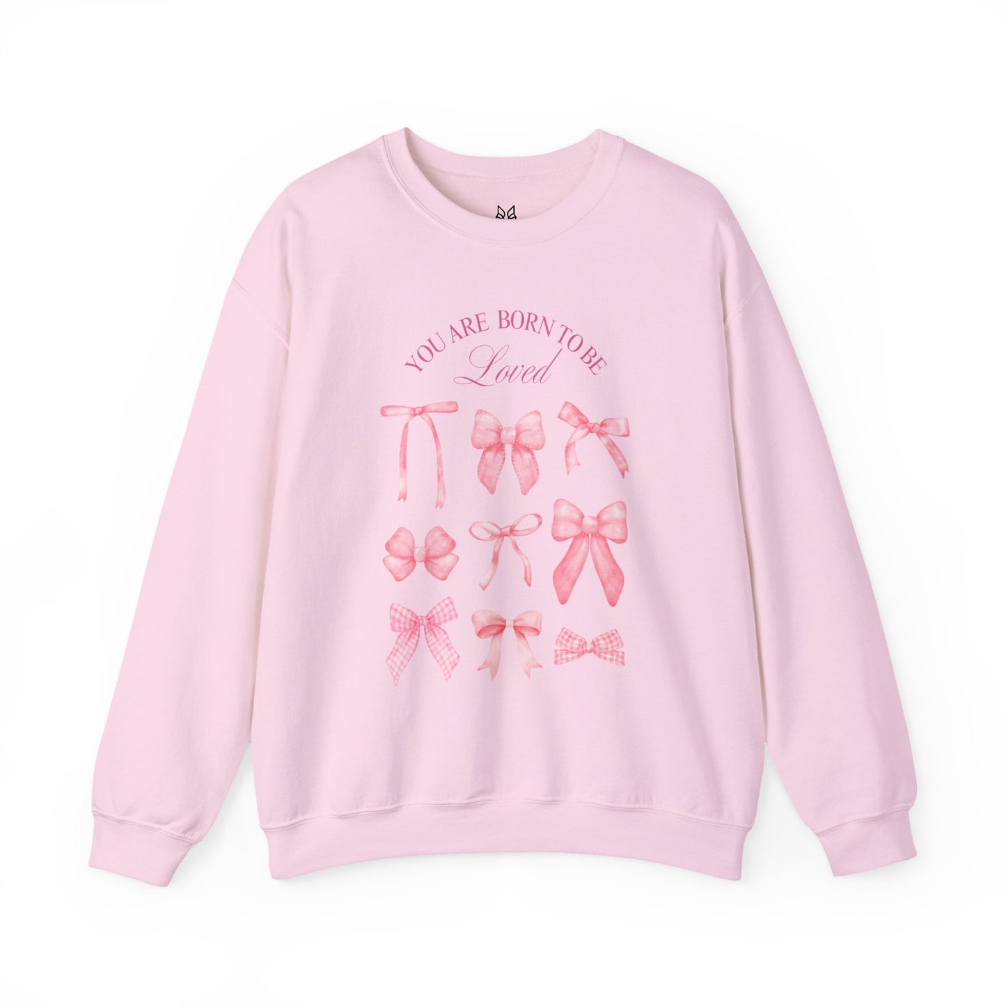 Pink Bow Crewneck Sweatshirt – “You Are Born to Be Loved” Graphic Pullover, Cozy Gift for Her, Birthday & Casual Wear - Wolf Aura Co