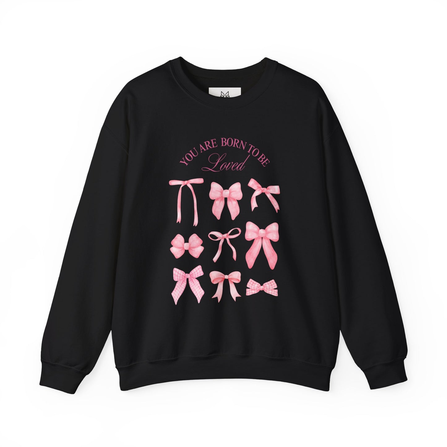 Pink Bow Crewneck Sweatshirt – “You Are Born to Be Loved” Graphic Pullover, Cozy Gift for Her, Birthday & Casual Wear - Wolf Aura Co