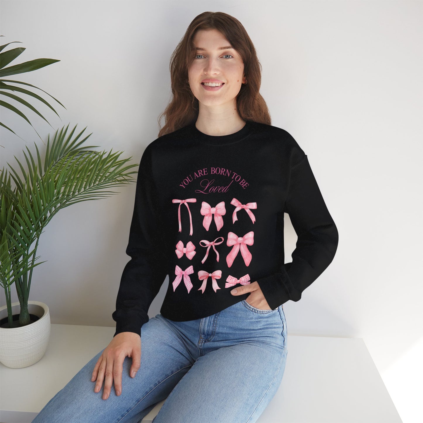 Pink Bow Crewneck Sweatshirt – “You Are Born to Be Loved” Graphic Pullover, Cozy Gift for Her, Birthday & Casual Wear - Wolf Aura Co