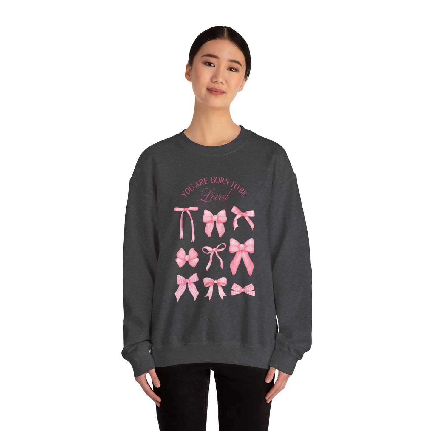 Pink Bow Crewneck Sweatshirt – “You Are Born to Be Loved” Graphic Pullover, Cozy Gift for Her, Birthday & Casual Wear - Wolf Aura Co