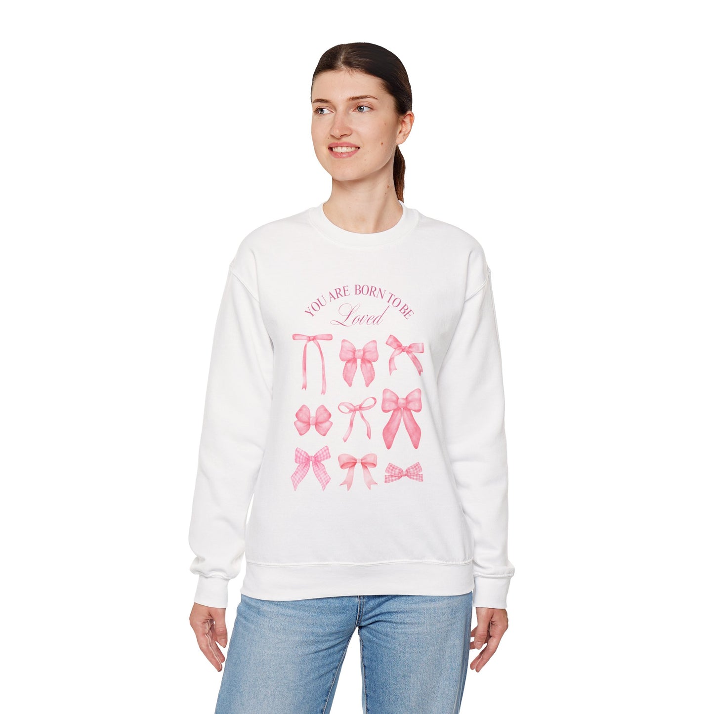 Pink Bow Crewneck Sweatshirt – “You Are Born to Be Loved” Graphic Pullover, Cozy Gift for Her, Birthday & Casual Wear - Wolf Aura Co