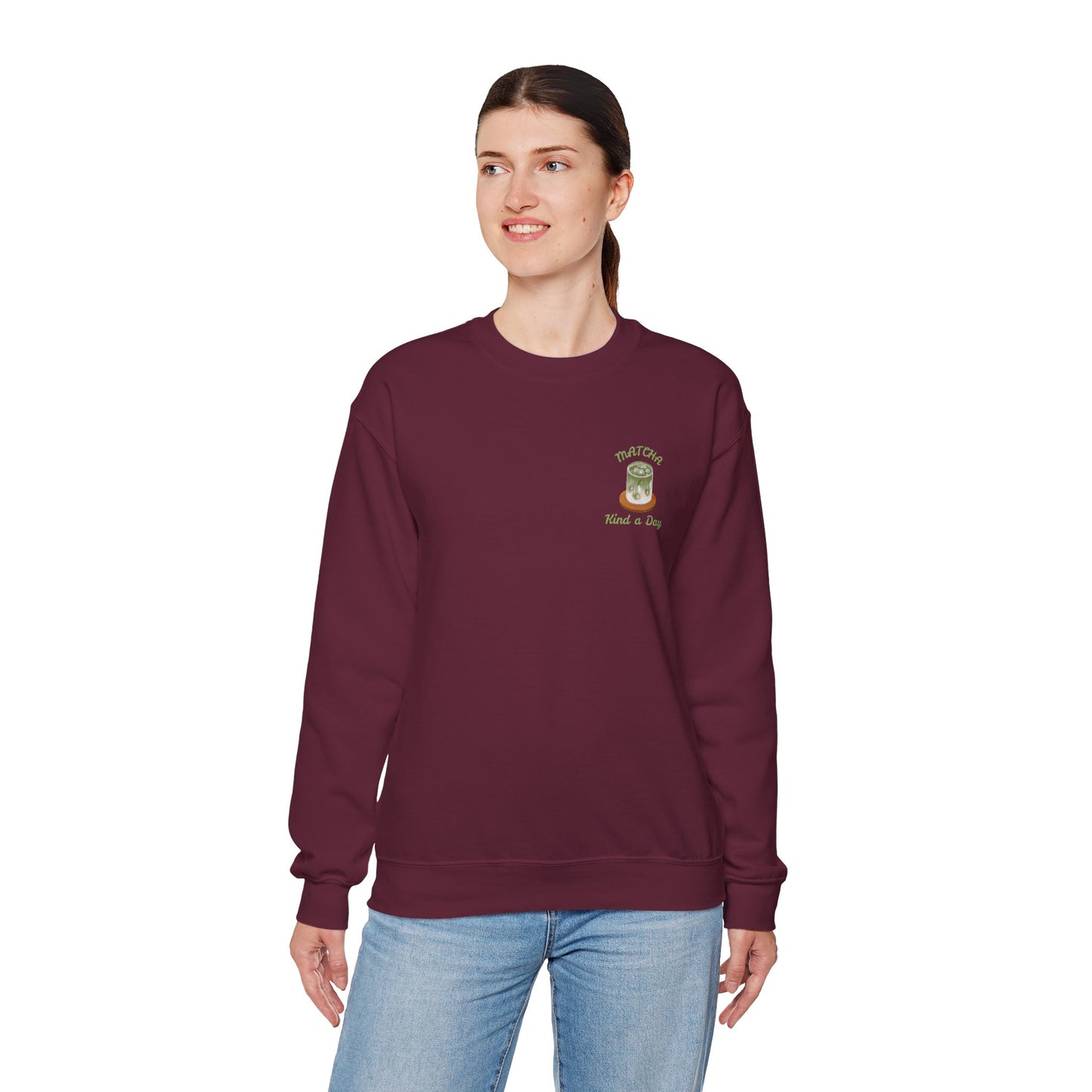 Matcha Kind a Day Crewneck Sweatshirt – Cozy Graphic Pullover, Positive Vibes Apparel, Gift for Her - Wolf Aura Co