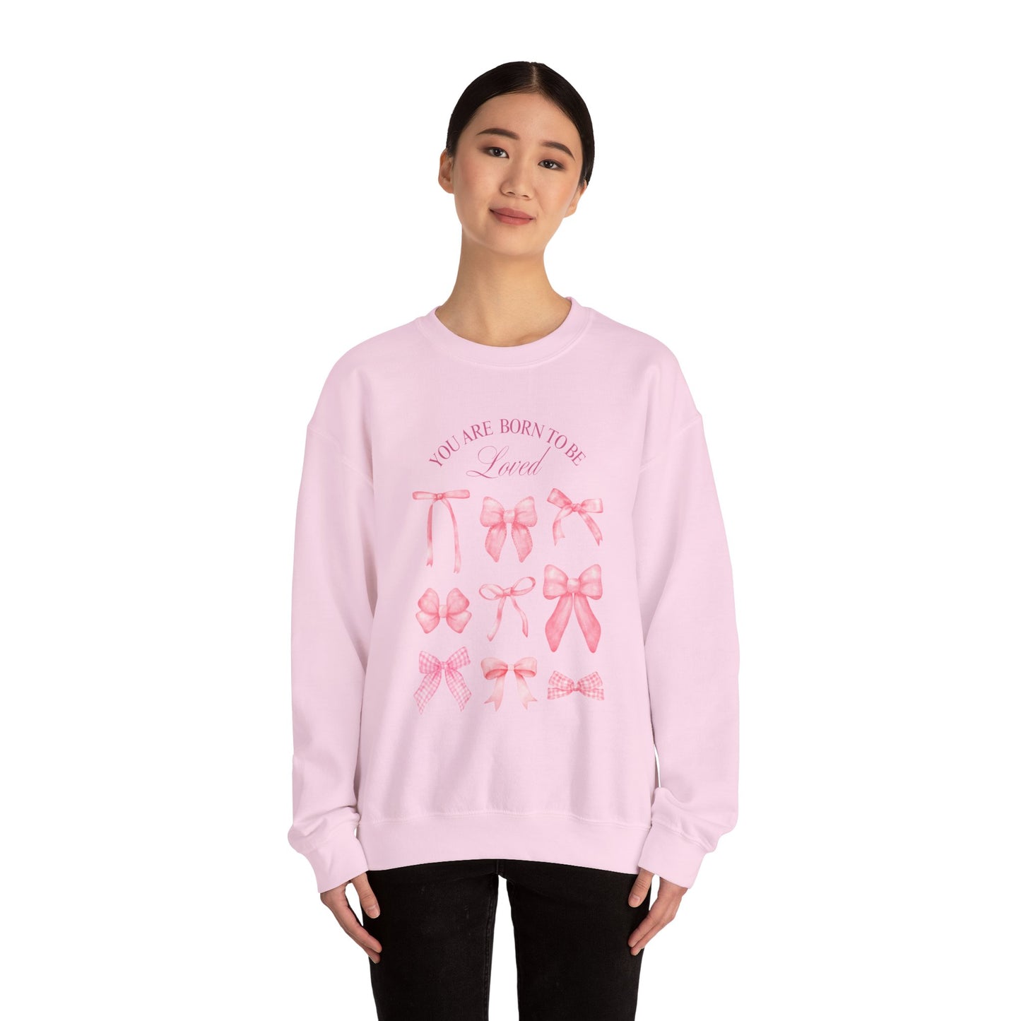 Pink Bow Crewneck Sweatshirt – “You Are Born to Be Loved” Graphic Pullover, Cozy Gift for Her, Birthday & Casual Wear - Wolf Aura Co