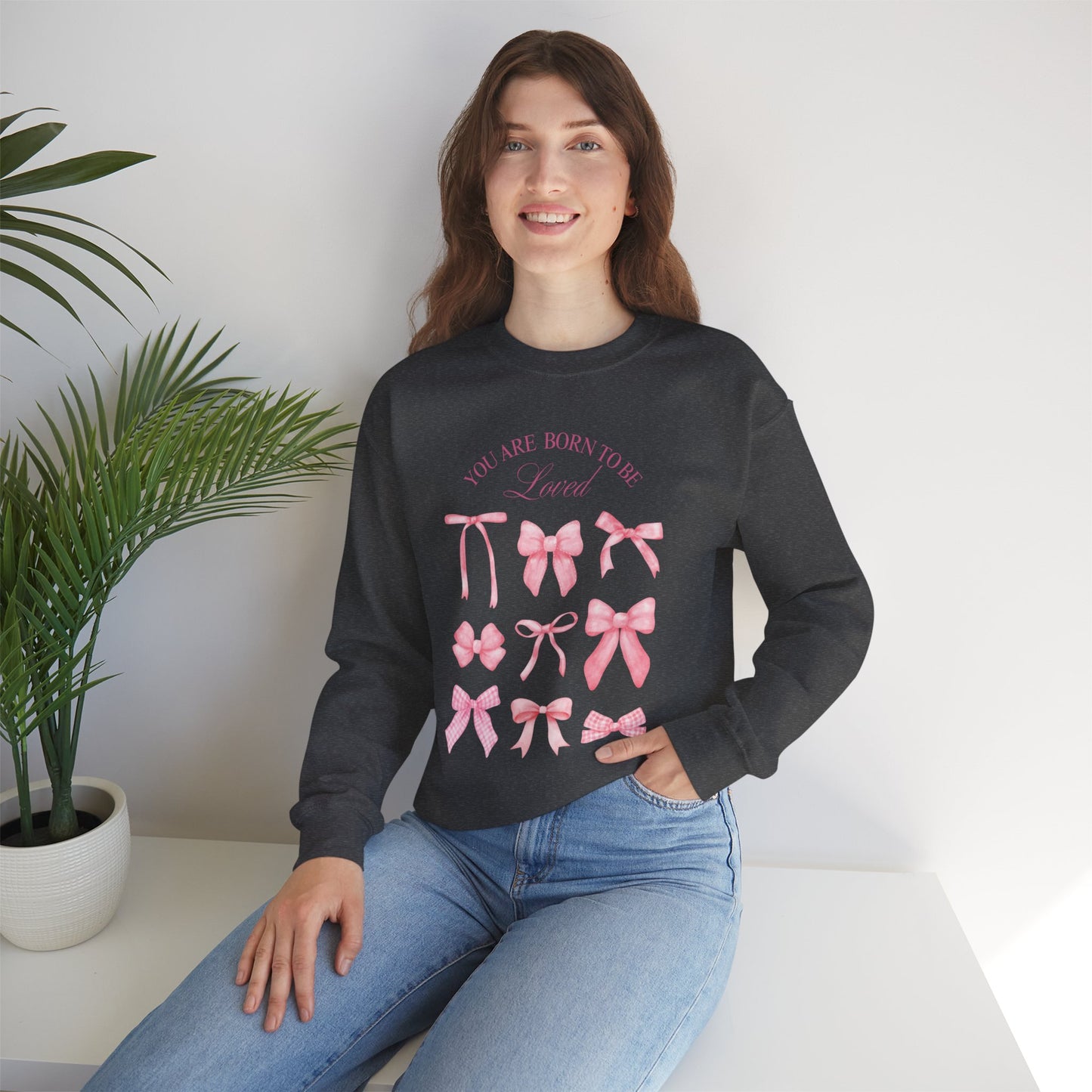 Pink Bow Crewneck Sweatshirt – “You Are Born to Be Loved” Graphic Pullover, Cozy Gift for Her, Birthday & Casual Wear - Wolf Aura Co