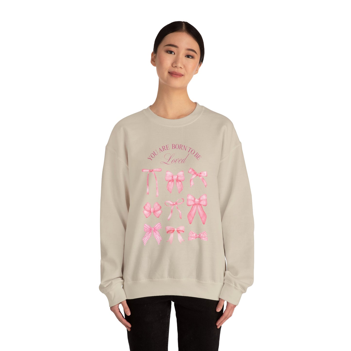Pink Bow Crewneck Sweatshirt – “You Are Born to Be Loved” Graphic Pullover, Cozy Gift for Her, Birthday & Casual Wear - Wolf Aura Co