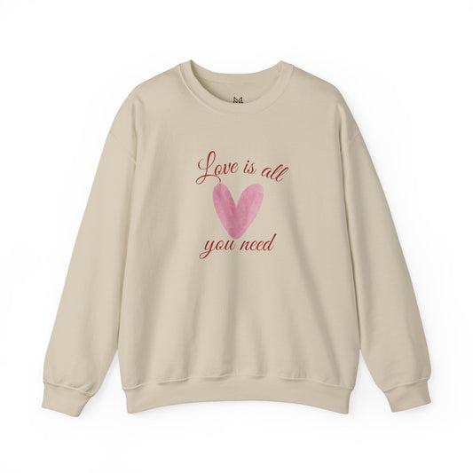 Love Is All You Need Crewneck Sweatshirt – Pink Heart Valentine Pullover | Cozy Unisex Comfort