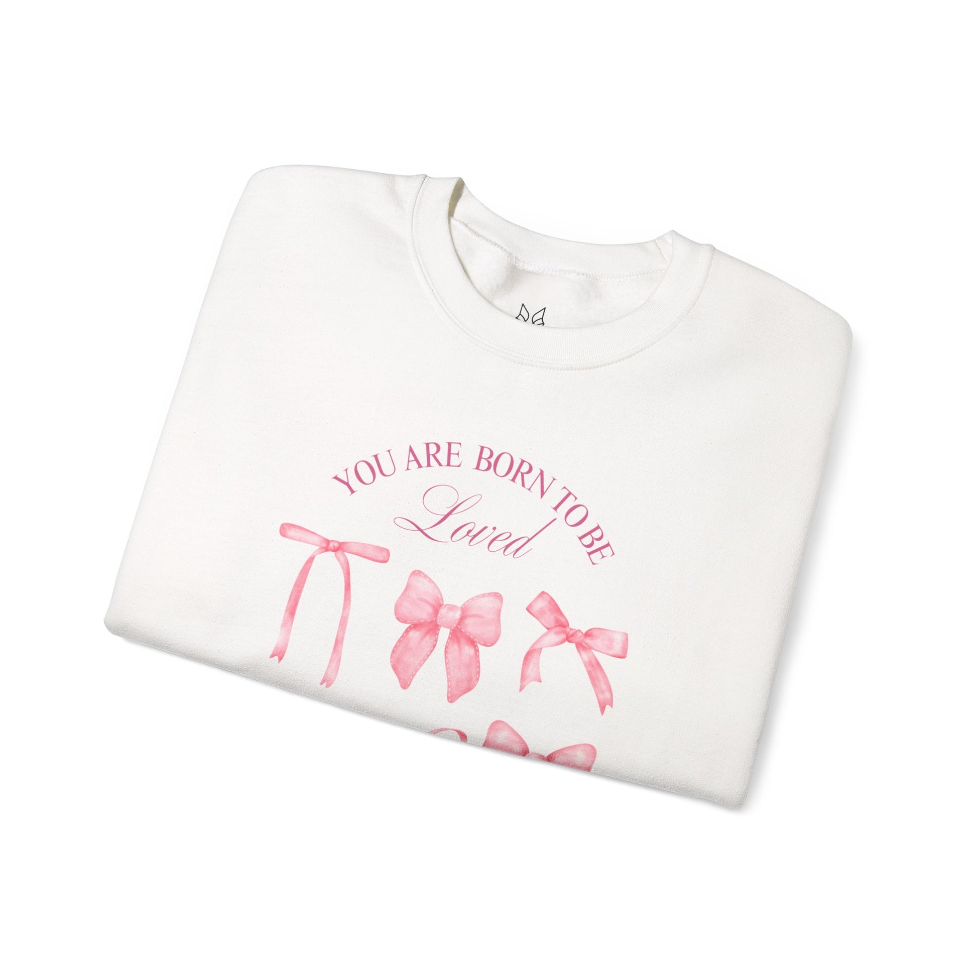 Pink Bow Crewneck Sweatshirt – “You Are Born to Be Loved” Graphic Pullover, Cozy Gift for Her, Birthday & Casual Wear - Wolf Aura Co