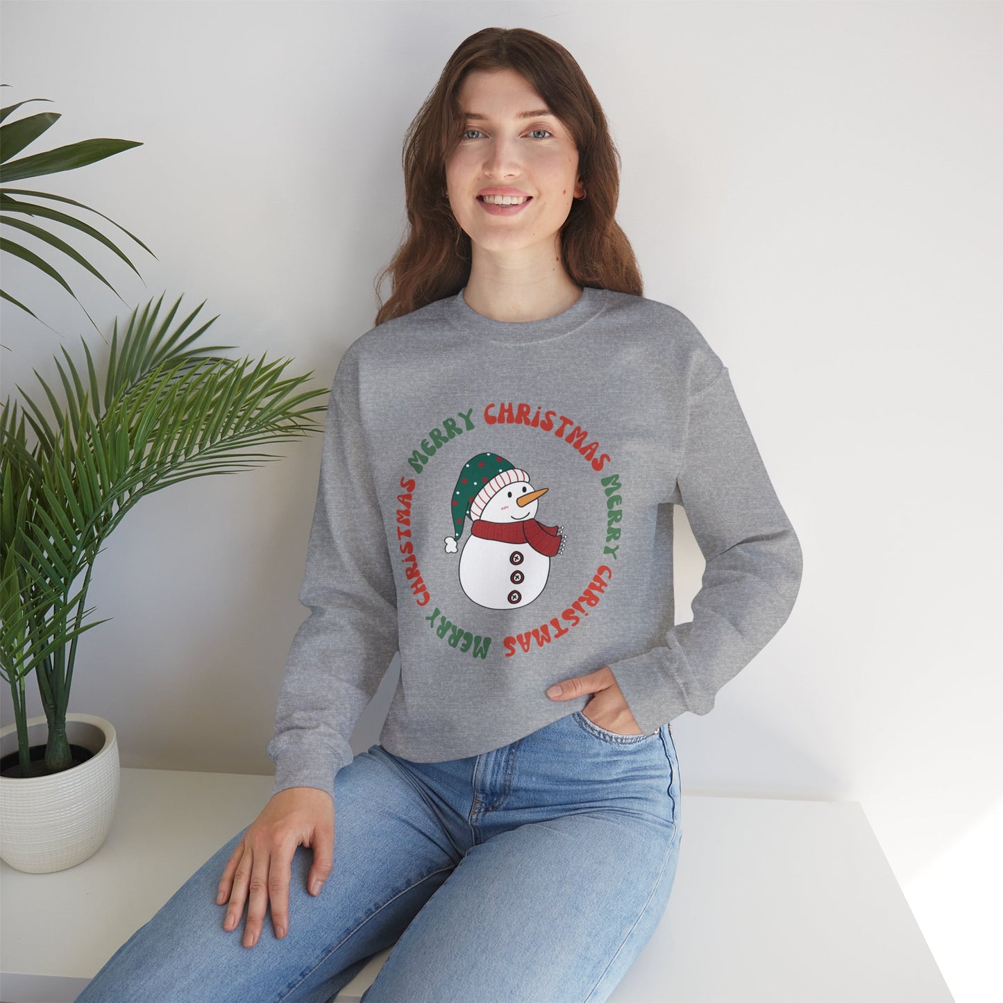 Christmas Snowman Crewneck Sweatshirt — "Merry Christmas" Circle Design