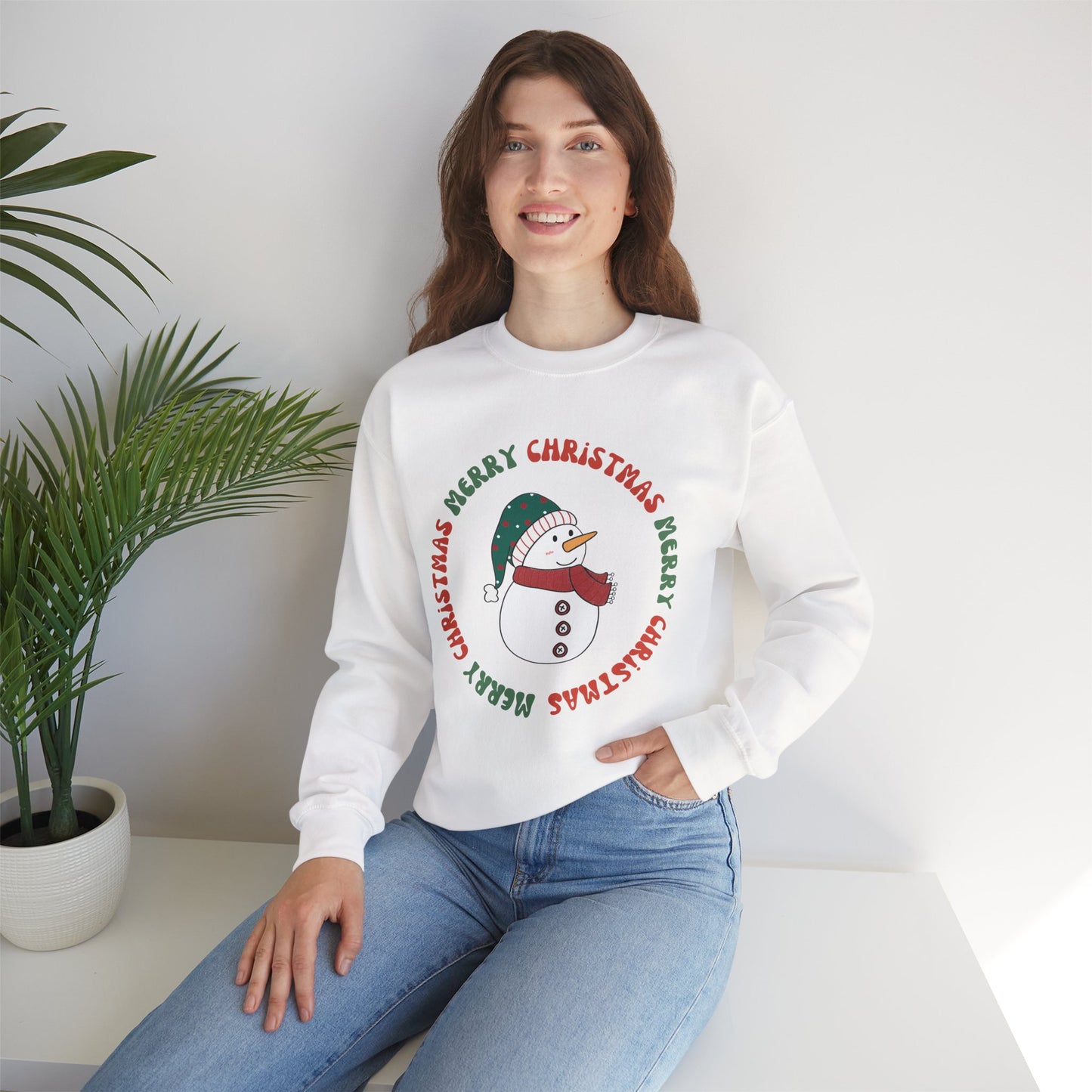 Christmas Snowman Crewneck Sweatshirt — "Merry Christmas" Circle Design