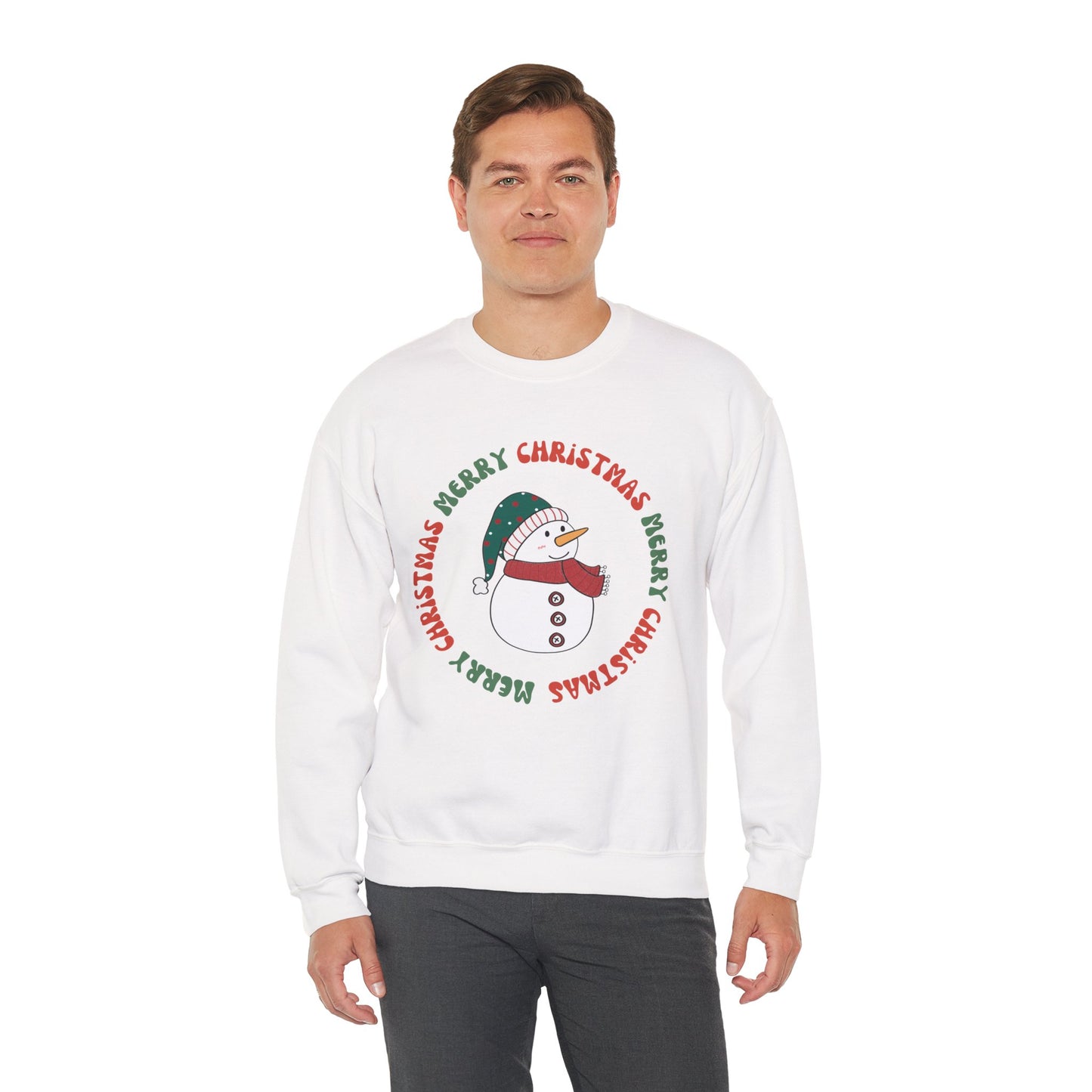 Christmas Snowman Crewneck Sweatshirt — "Merry Christmas" Circle Design