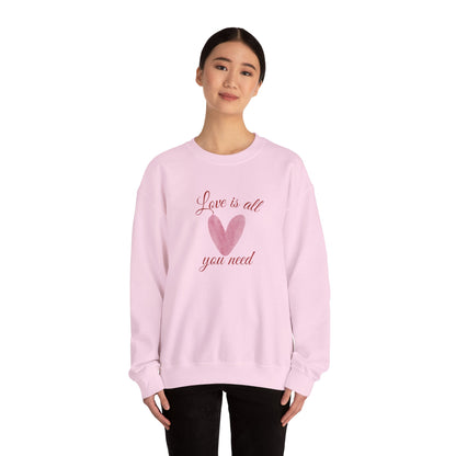 Love Is All You Need Crewneck Sweatshirt – Pink Heart Valentine Pullover | Cozy Unisex Comfort