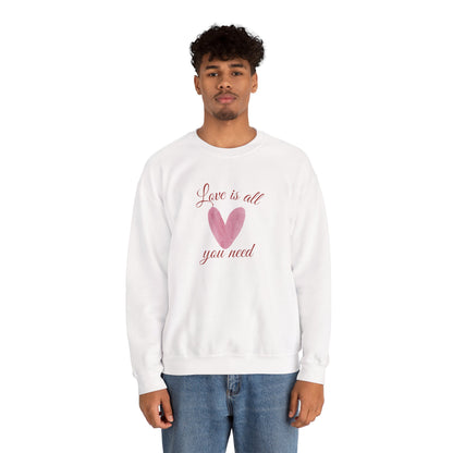 Love Is All You Need Crewneck Sweatshirt – Pink Heart Valentine Pullover | Cozy Unisex Comfort