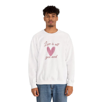 Love Is All You Need Crewneck Sweatshirt – Pink Heart Valentine Pullover | Cozy Unisex Comfort