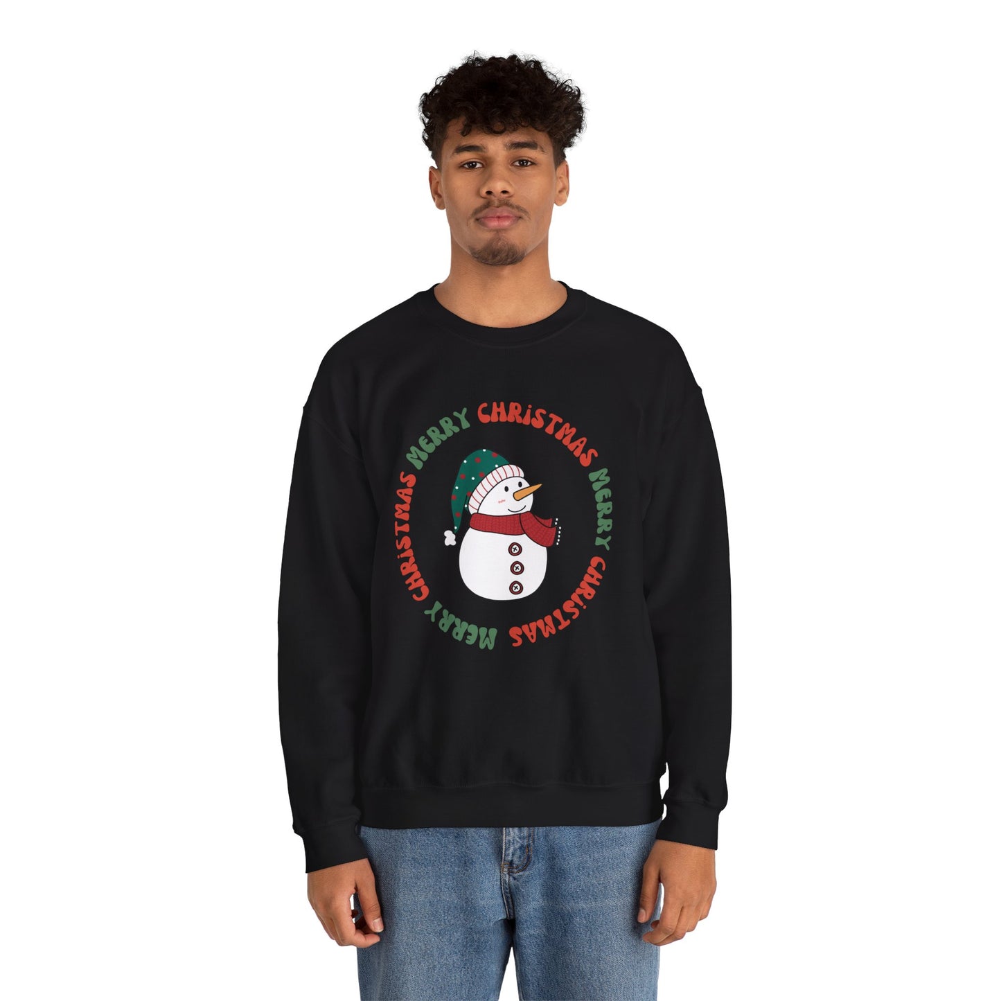 Christmas Snowman Crewneck Sweatshirt — "Merry Christmas" Circle Design