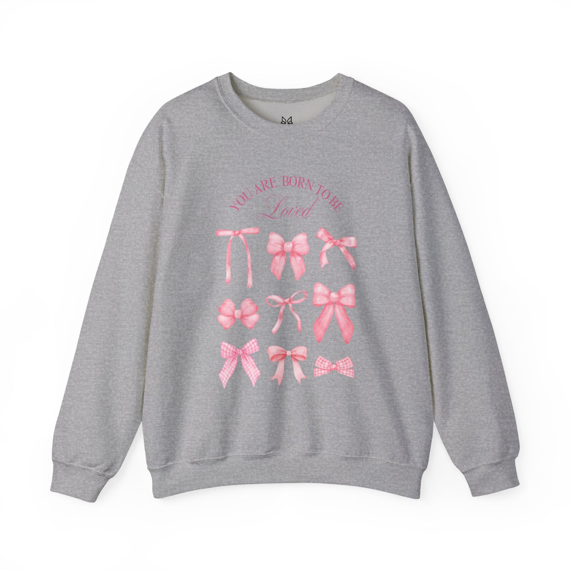 Pink Bow Crewneck Sweatshirt – “You Are Born to Be Loved” Graphic Pullover, Cozy Gift for Her, Birthday & Casual Wear - Wolf Aura Co