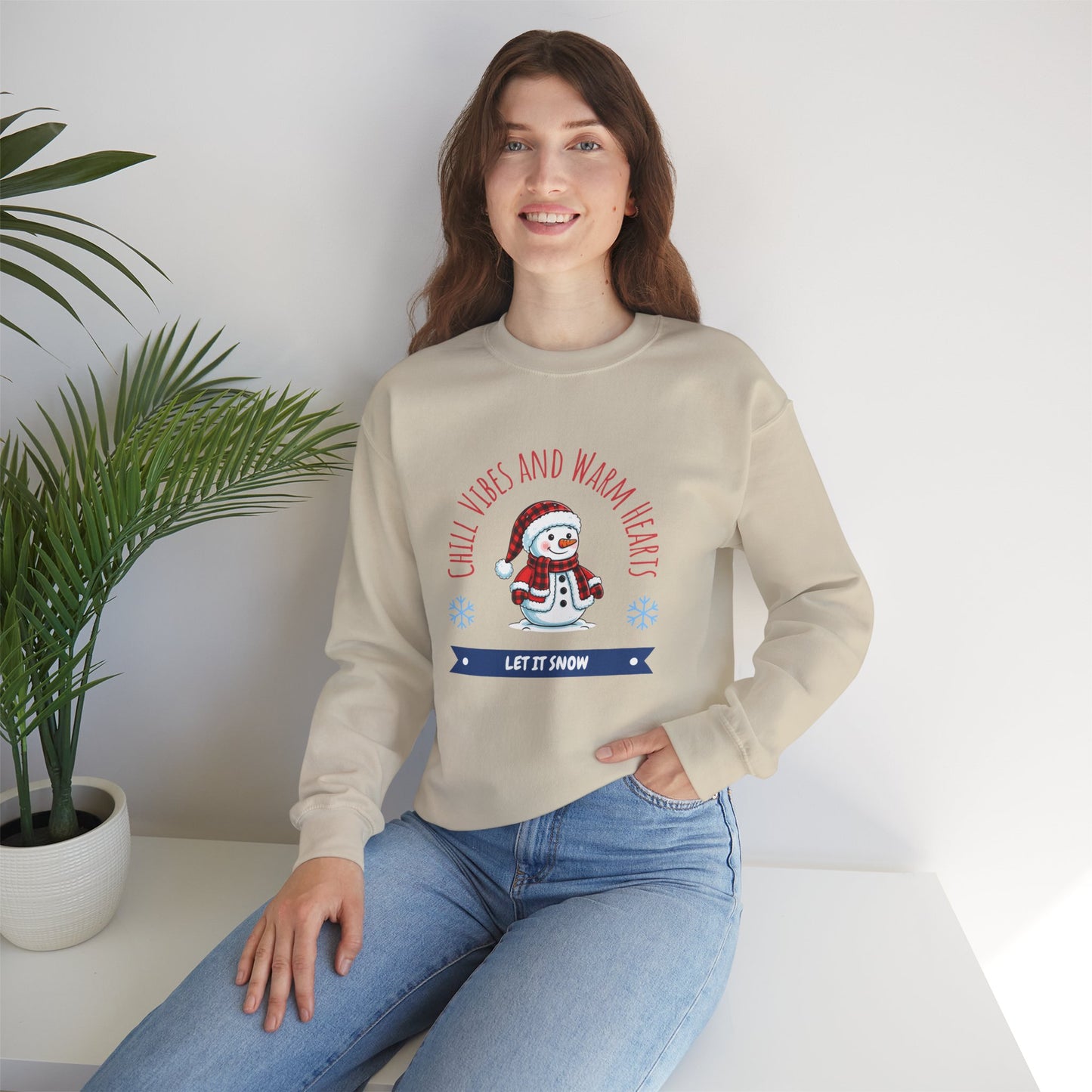 Crewneck Sweatshirt — “Chill Vibes and Warm Hearts” Snowman Holiday Pullover
