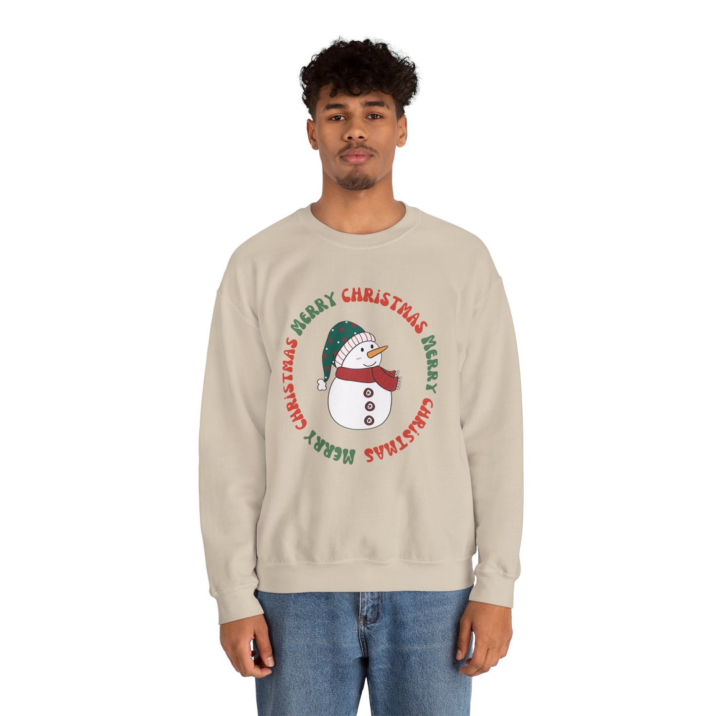 Christmas Snowman Crewneck Sweatshirt — "Merry Christmas" Circle Design