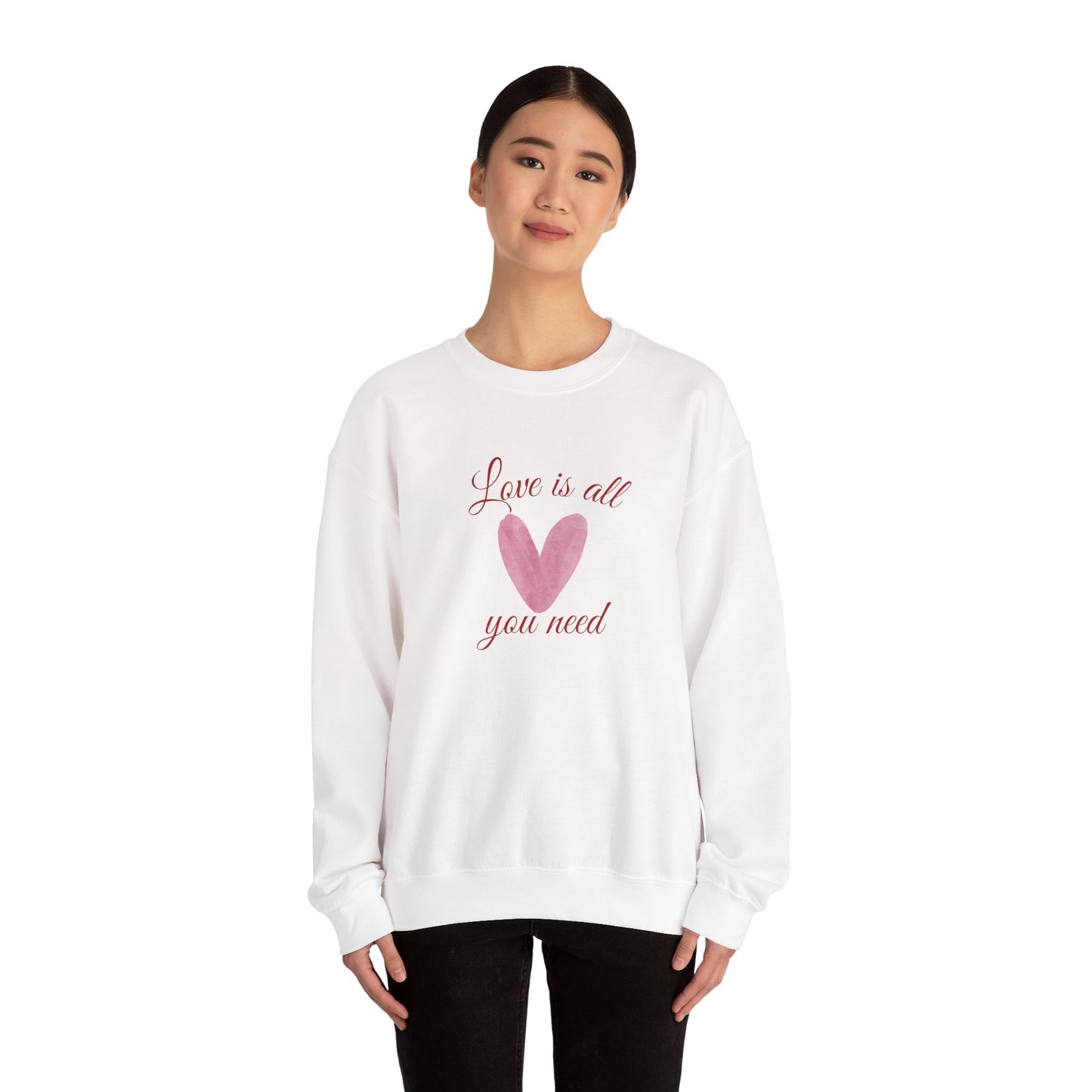 Love Is All You Need Crewneck Sweatshirt – Pink Heart Valentine Pullover | Cozy Unisex Comfort