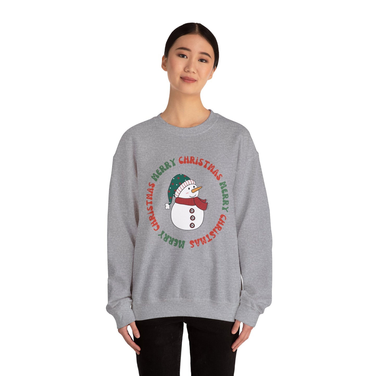Christmas Snowman Crewneck Sweatshirt — "Merry Christmas" Circle Design
