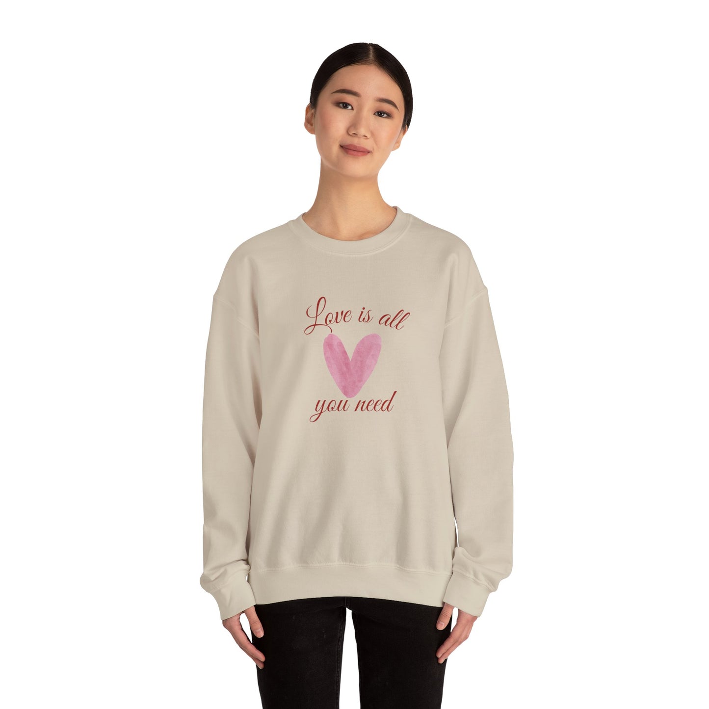 Love Is All You Need Crewneck Sweatshirt – Pink Heart Valentine Pullover | Cozy Unisex Comfort