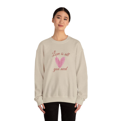 Love Is All You Need Crewneck Sweatshirt – Pink Heart Valentine Pullover | Cozy Unisex Comfort