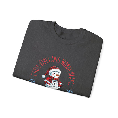 Crewneck Sweatshirt — “Chill Vibes and Warm Hearts” Snowman Holiday Pullover