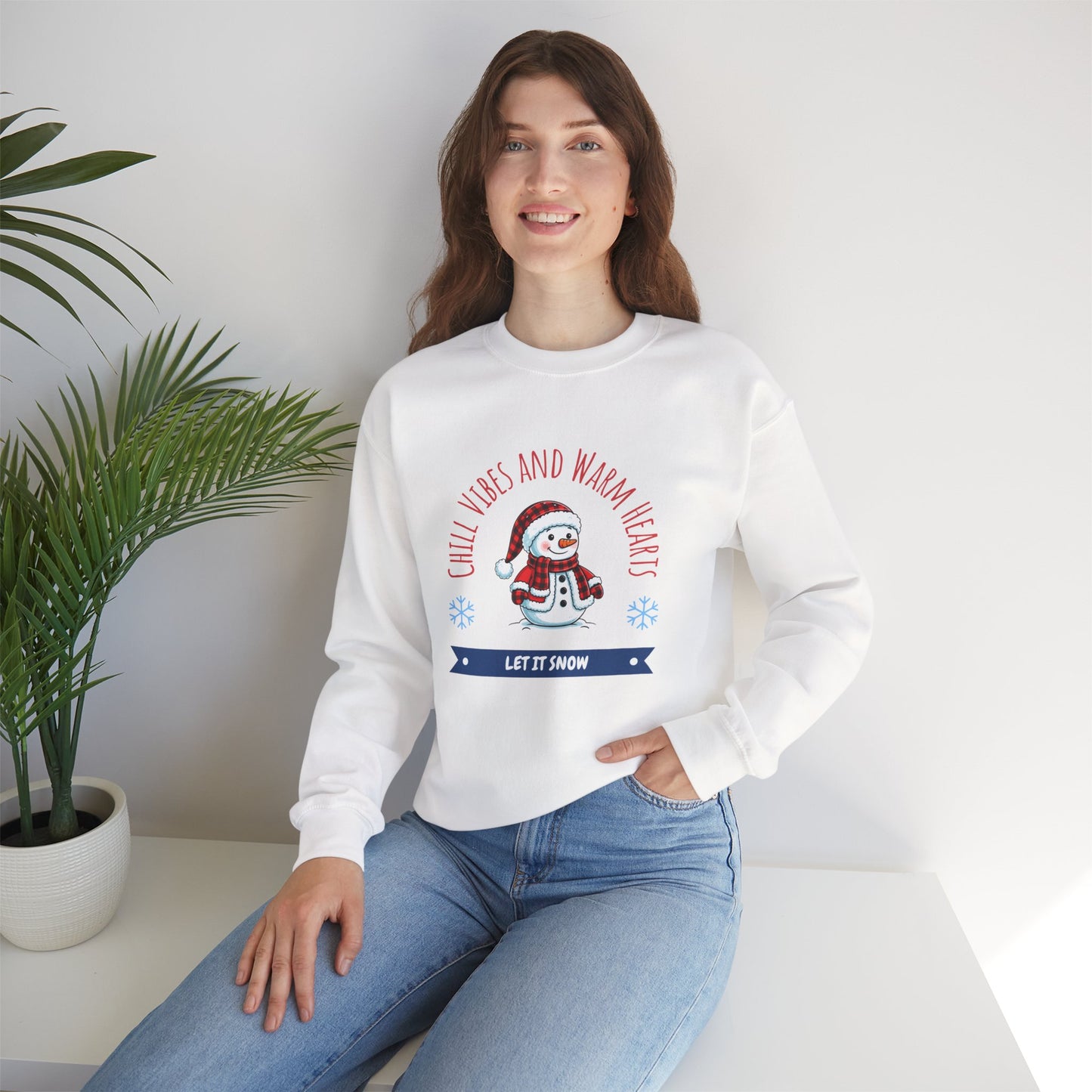 Crewneck Sweatshirt — “Chill Vibes and Warm Hearts” Snowman Holiday Pullover