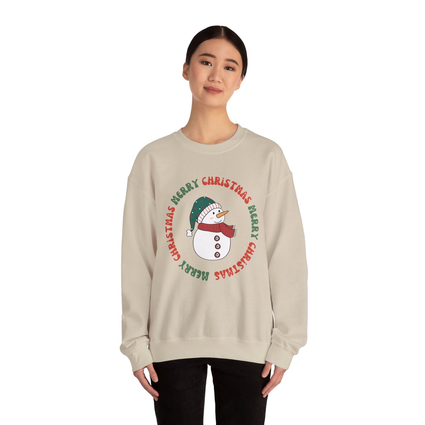Christmas Snowman Crewneck Sweatshirt — "Merry Christmas" Circle Design