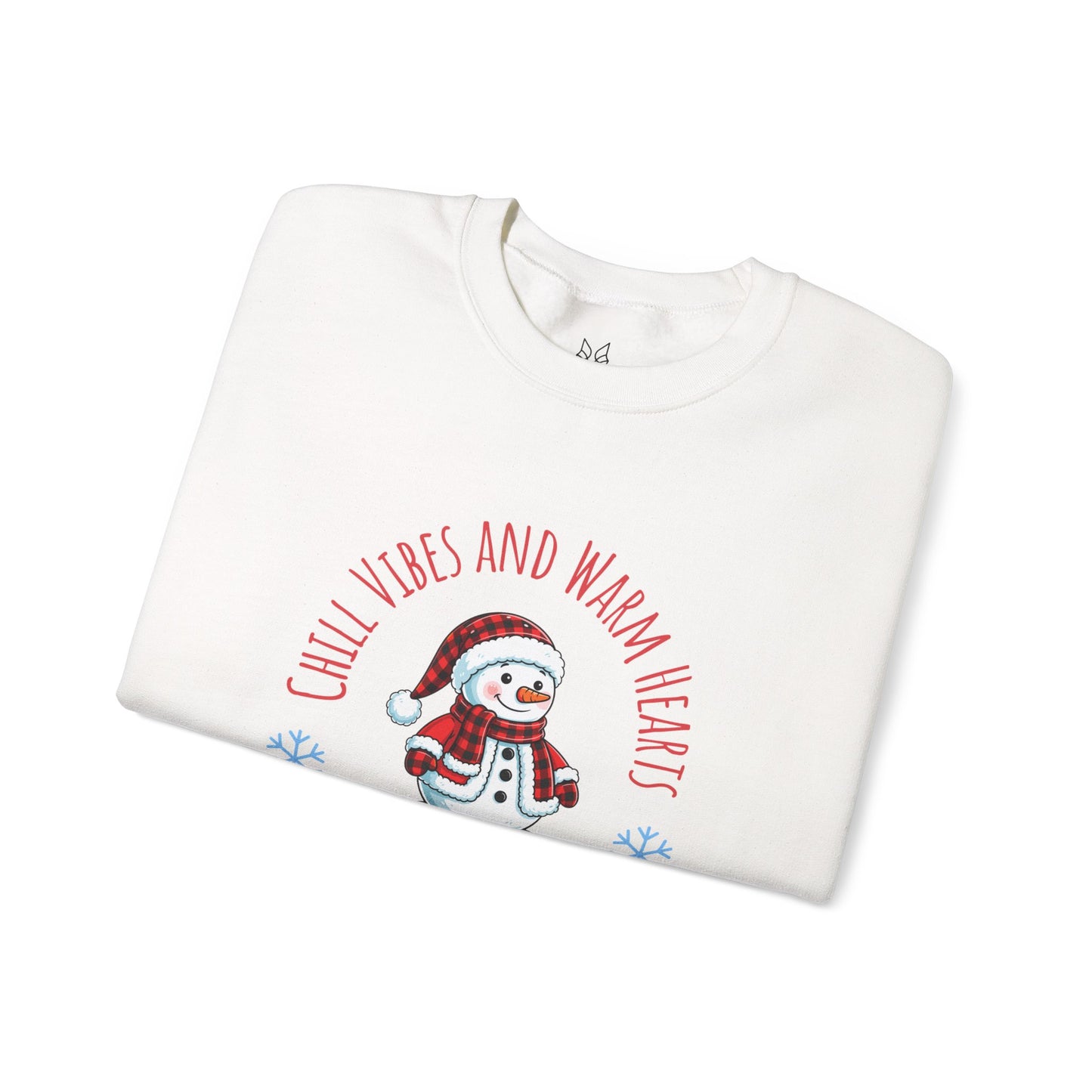 Crewneck Sweatshirt — “Chill Vibes and Warm Hearts” Snowman Holiday Pullover