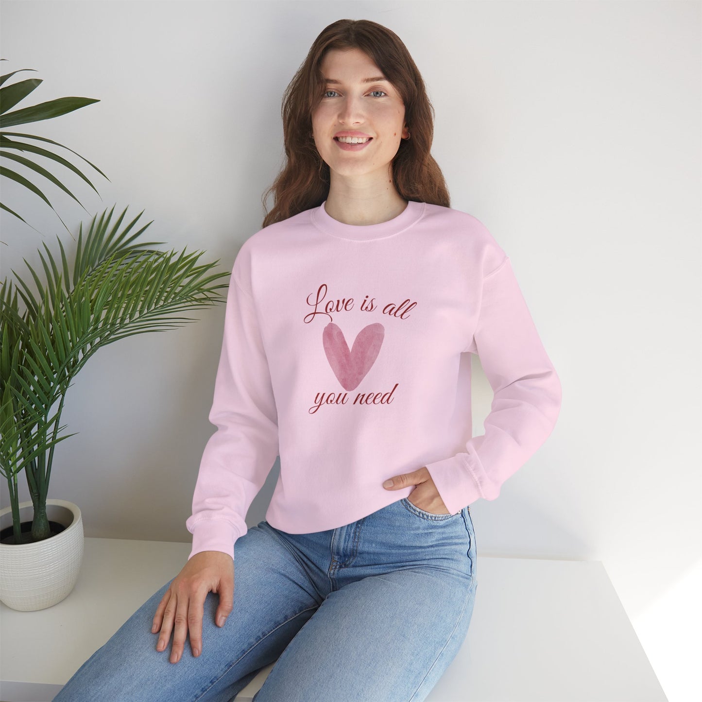 Love Is All You Need Crewneck Sweatshirt – Pink Heart Valentine Pullover | Cozy Unisex Comfort