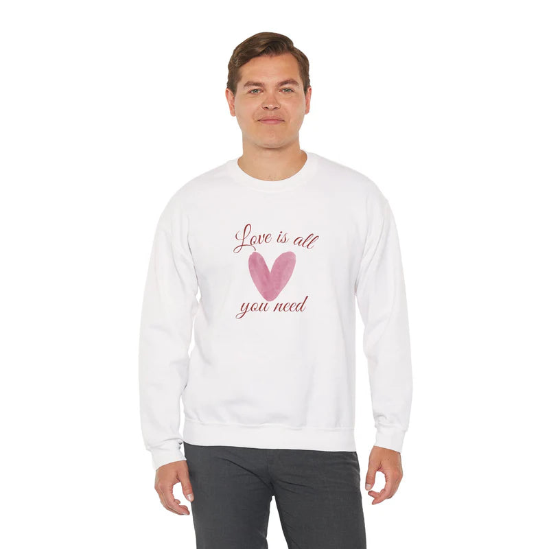 Love Is All You Need Crewneck Sweatshirt – Pink Heart Valentine Pullover | Cozy Unisex Comfort