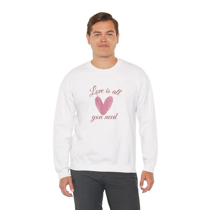 Love Is All You Need Crewneck Sweatshirt – Pink Heart Valentine Pullover | Cozy Unisex Comfort