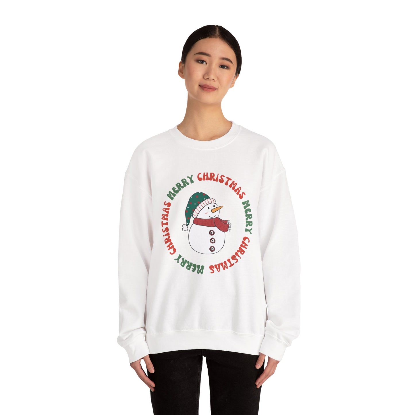 Christmas Snowman Crewneck Sweatshirt — "Merry Christmas" Circle Design