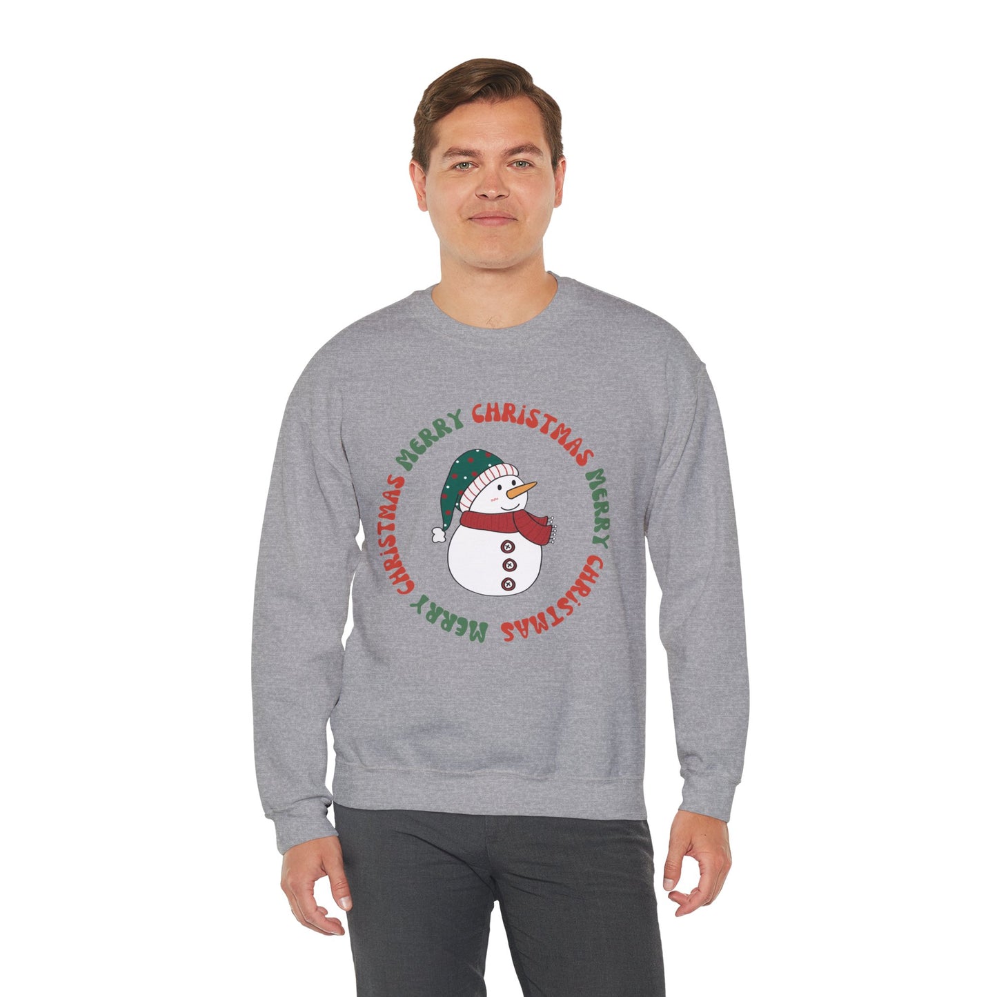 Christmas Snowman Crewneck Sweatshirt — "Merry Christmas" Circle Design
