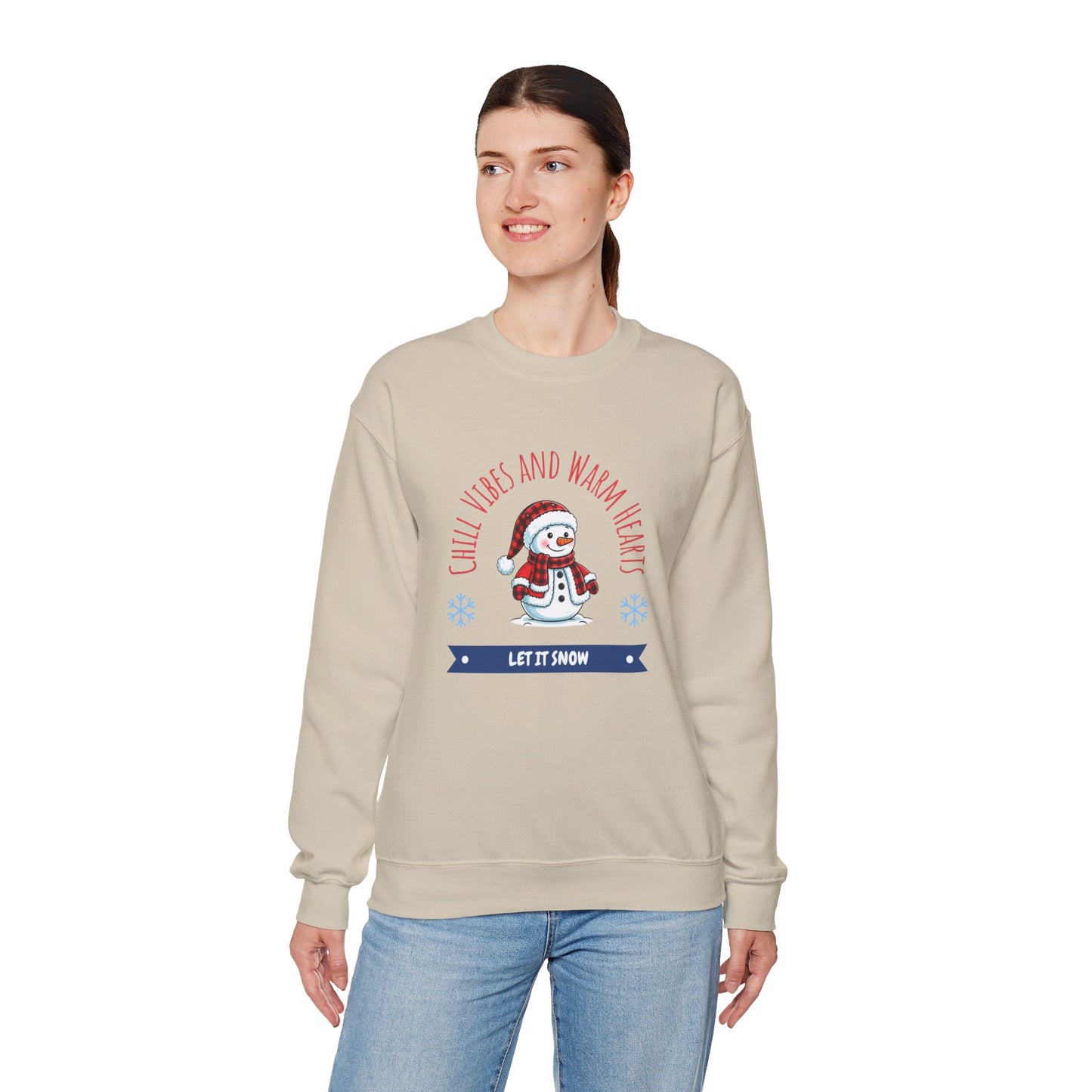 Crewneck Sweatshirt — “Chill Vibes and Warm Hearts” Snowman Holiday Pullover