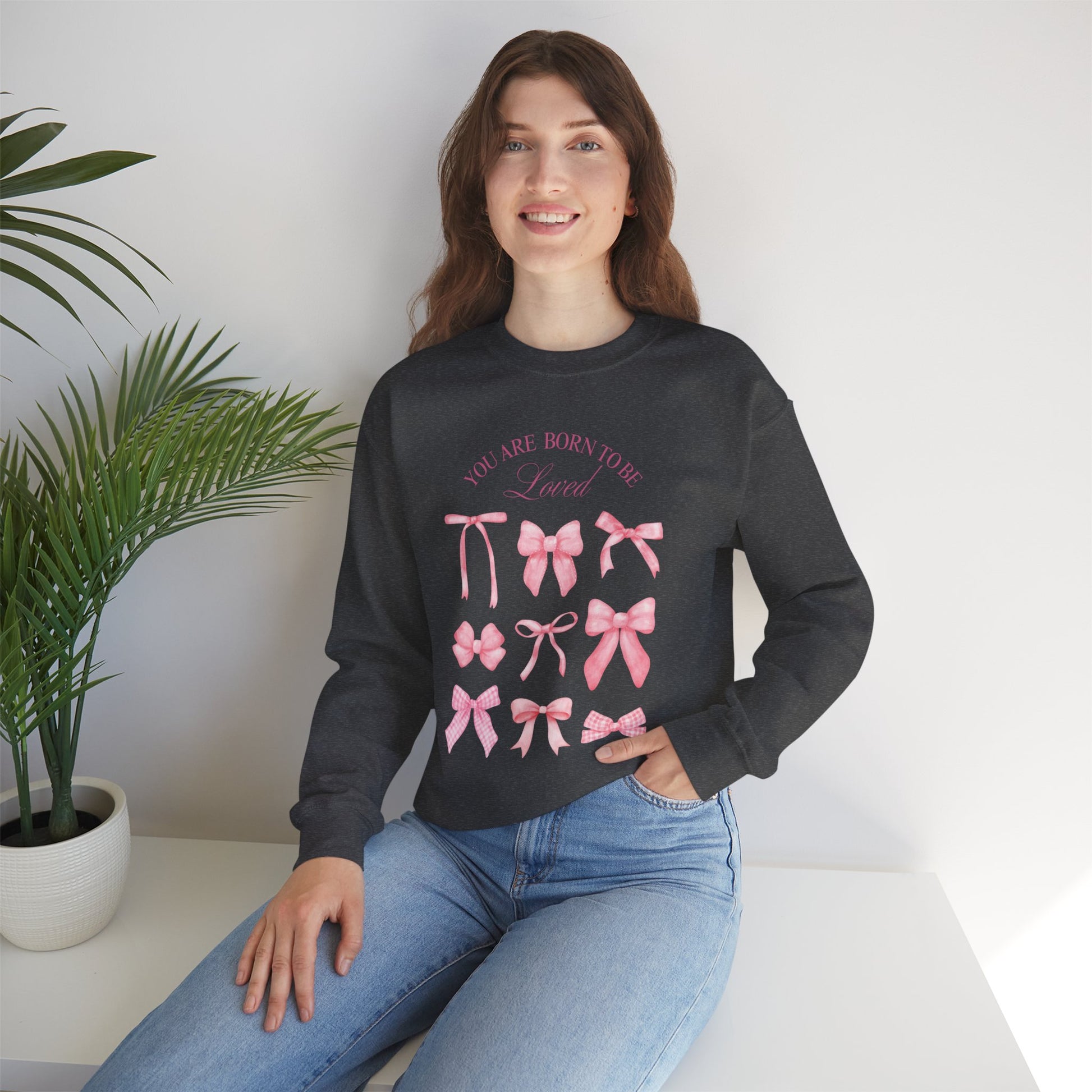 Pink Bow Crewneck Sweatshirt – “You Are Born to Be Loved” Graphic Pullover, Cozy Gift for Her, Birthday & Casual Wear - Wolf Aura Co